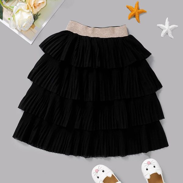 

girls black layered skirt kids solid color elastic waist pleated hem one-piece for summer/ spring/ autumn 18 months-6 years skirts