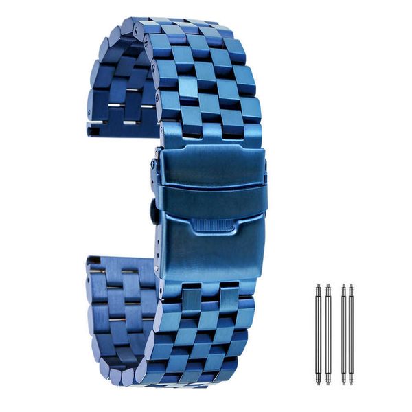 Blaue Edelstahl-Uhrenarmbänder Armband 20mm 22mm 24mm Massivmetall-Uhrenarmband-Handgelenk-Gurt-Ersatz-Federstangen-Zubehör H0915