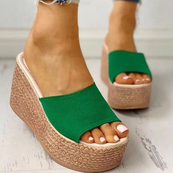 

sandals flock slipper wedges solid high heel platform summer leisure cozy 2021 women fashion mules shoes, Black