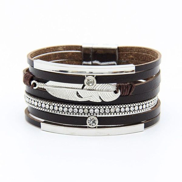 

charm bracelets bohemian national style elegant atmosphere high sense leather multi-layer feather pattern wide edge women's bracelet, Golden;silver