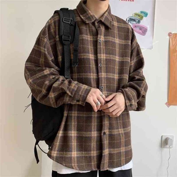 

korean clothes retro thick woolen plaid shirt cotton long sleeve turn-down collar brown casual loose harajuku couple clothing 210626, White;black