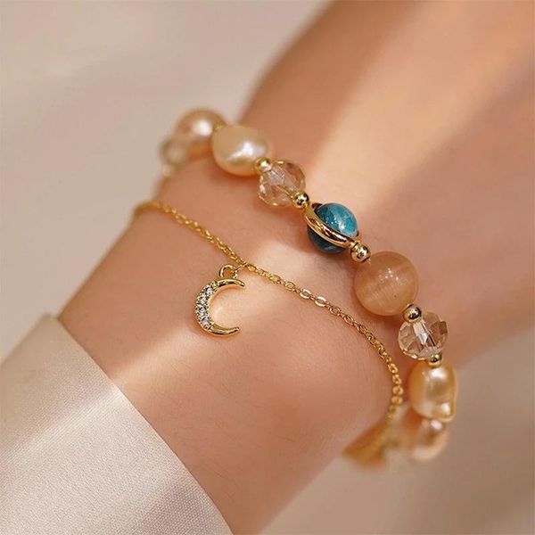 

beaded, strands juorest korea style pearl bracelet for girls jewelry women moon multi layer bead bracelets casual chain summer charm, Black