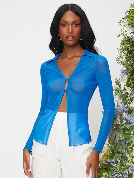 

lettuce trim button front sheer mesh i59m#, White