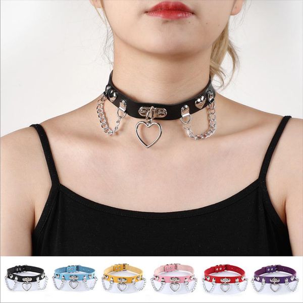 

pendant necklaces 6 colour punk rock gothic chokers women men pu leather goth rivet heart round choker adjustable fashion jewelry e28, Silver