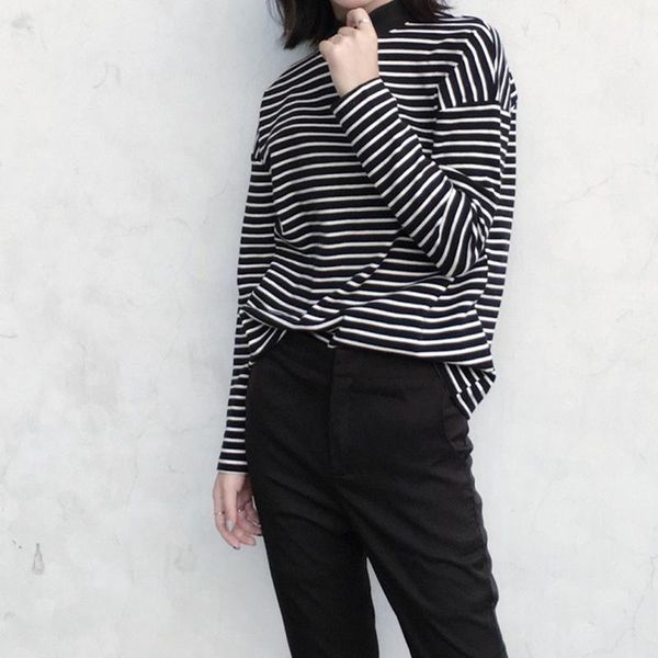 

women's t-shirt long sleeve t shirt female black white striped tshirt cotton 2021 spring autumn tee lady basic plus size