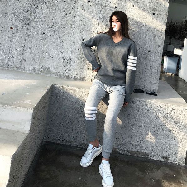 

2019 spring and autumn new british style tb four stripe cotton knitted v-neck pullover slim knit women's sweater, White