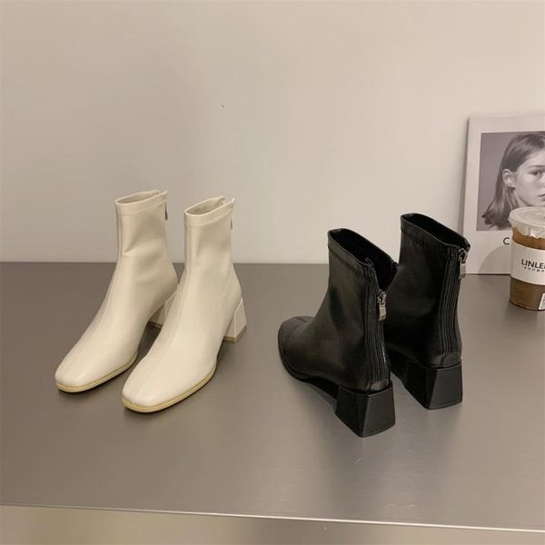 

boots high heel thin boot women's ankle 2021 autumn/winter square head rice white thick spring and autumn single, Black