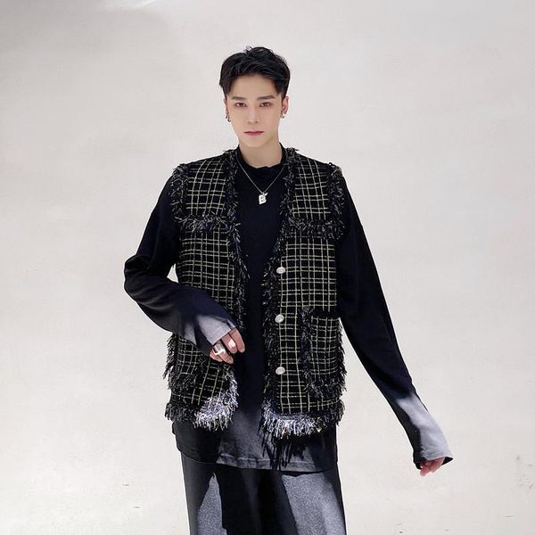 

men's vests male women autumn korean style sleeveless jacket waistcoat outerwear men vintage plaid tassel edging casual vest coat, Black;white