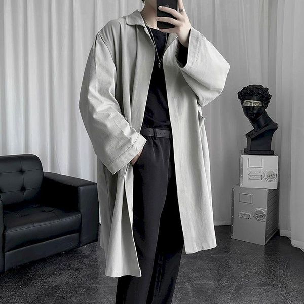 

men's trench coats autumn long coat fashion solid color casual cardigan men streetwear wild loose korean windbreaker jacket menwear, Tan;black