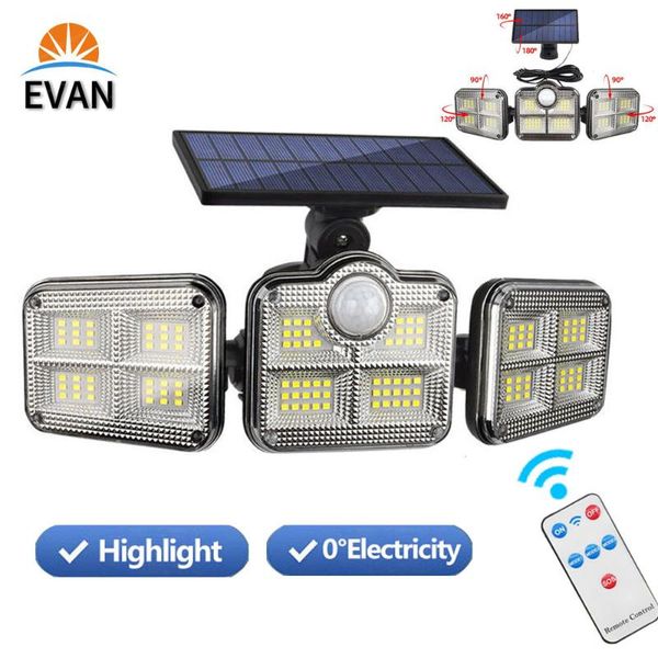 

solar lamps 138 171 led light outdoor indoor waterproof with 3 head motion sensor remoto control high brightness wall lamp