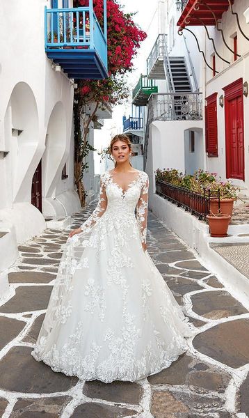 

A Line Lace Wedding Gowns Sheer Jewel Neck Appliqued Long Sleeve Bridal Dresses vestido de noiva, Ivory