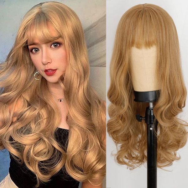 

synthetic wigs miss queen long wavy with bangs for women natural hair brown blonde cosplay/halloween fake, Black