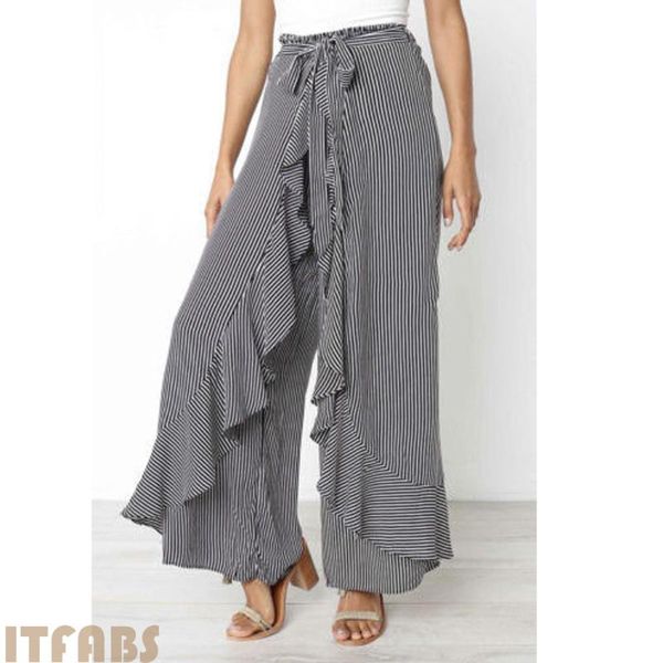 

women's pants & capris 2021 women elastic high waist harem wide leg ruffled bow striped print ethnic baggy trousers loose, Black;white