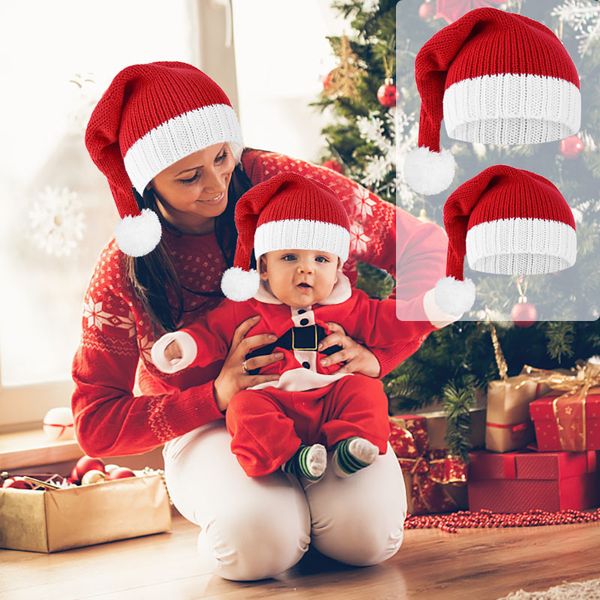 Kırmızı Örme Noel Şapka Sevimli Ponpon Noel Baba Kap Sıcak Tığ Beanie Şapka Anne Bebek Xmas Yeni Yıl Parti Hediyesi Navidad