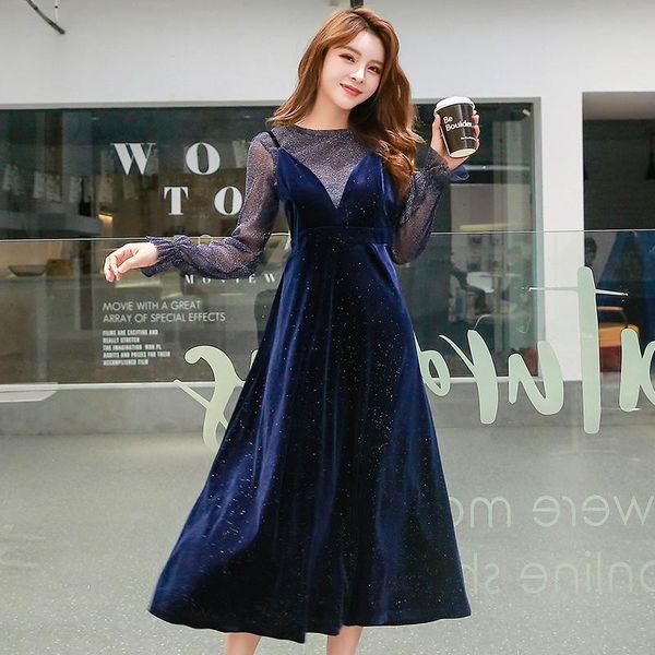 

casual dresses 2021 spring fashing temperament elegant blue plus size party dress women velvet o neck slim vintage sling long, Black;gray