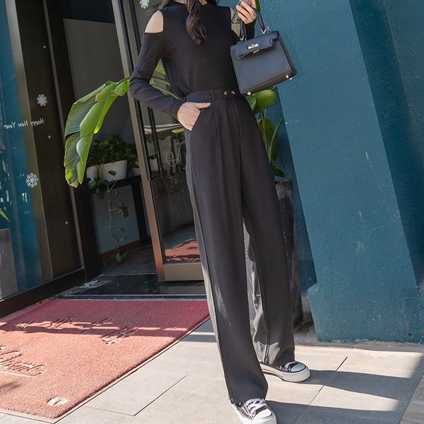 

women's pants & capris female formal trousers with a high waist, elegant, straight, total length, 2021, , smooth, long leg, streetwear, Black;white