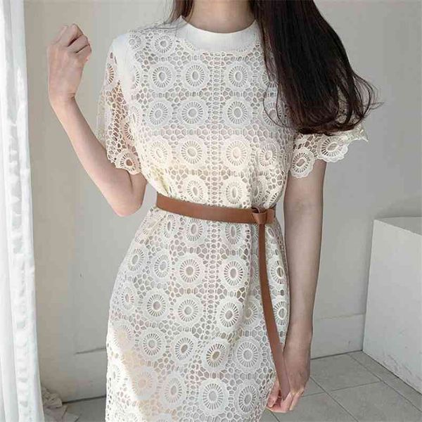 

elegant lace hook flower temperament dress women high waist hip sashes a line slim vestidos o neck short sleeve robe 210422, Black;gray