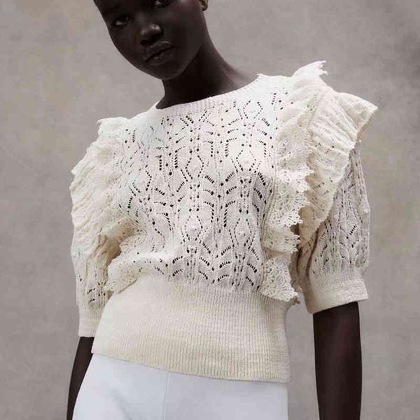 

za summer hollow out knitted sweater women arrival ruffles o-neck loose half sleeve pullovers knitting jumper 210422, White;black