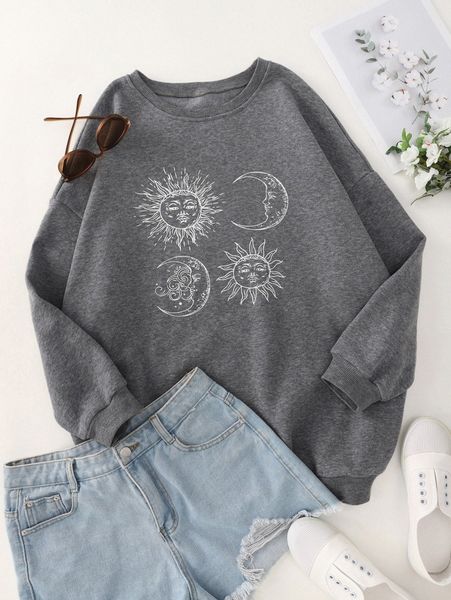 

sun & moon print thermal pullover f7q0#, White;black