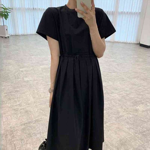 

[ewq] black minimalist niche womens dress o neck solid color drawstring waist pleated design short sleeved loose fashion 16f0862, Black;gray