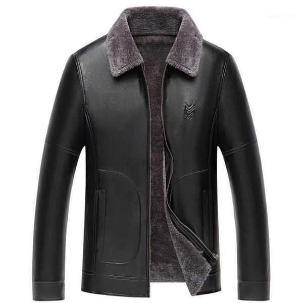 

men's fur & faux autumn and winter leather jacket warm business casual plus velvet pu solid color coat 4xl, Black