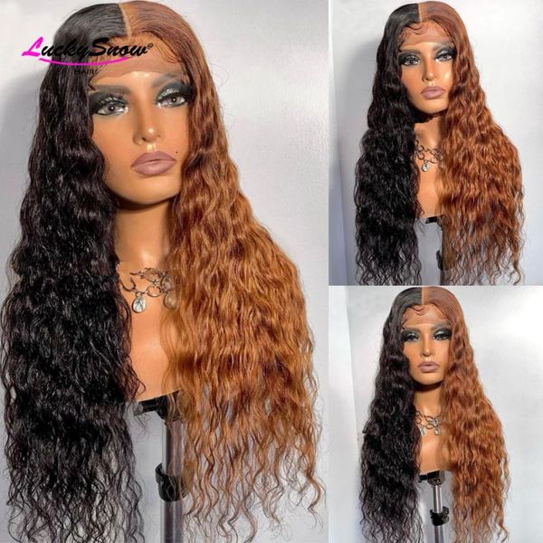 

lace wigs ombre highlight 13x4 front human hair for women pre plucked brazilian remy water wave glueless 4x4 closure wig, Black;brown
