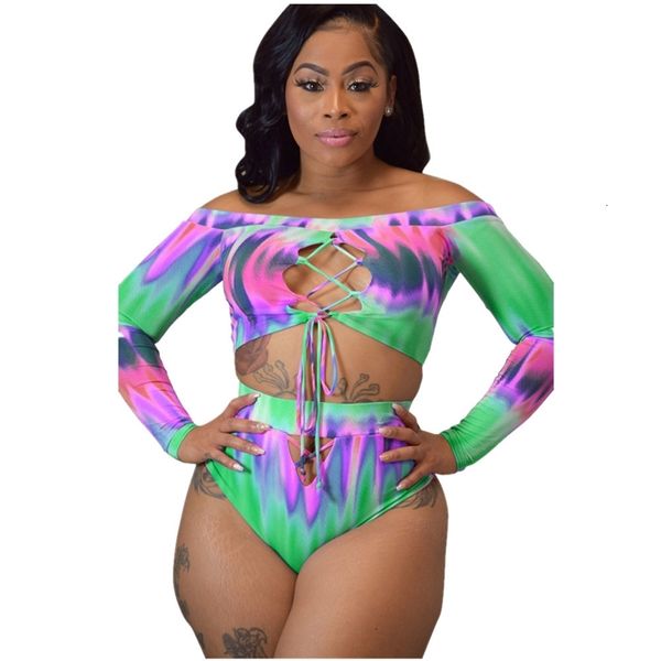 

colorful printed women's bathing slash neck full sleeves lace-up hollow out bikini set swimming suits with multocolors, White;black