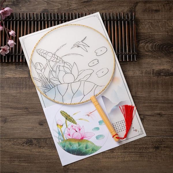 

hand-painted hand fan dragonfly lotus pattern creative color filling painting court style round circular handheld t84f other home decor