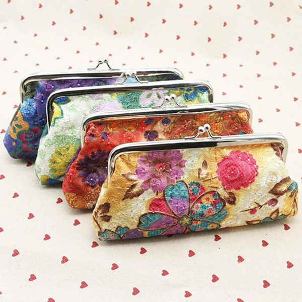 

coin purses vintage women flower kiss lock long purse phones keys holder small wallet bag, Red;black