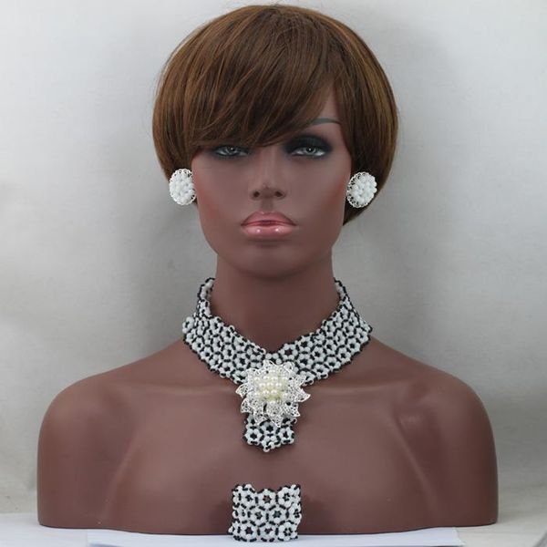 

earrings & necklace unique design black african beads jewelry sets silver plated white crystal wedding bridal set qw014