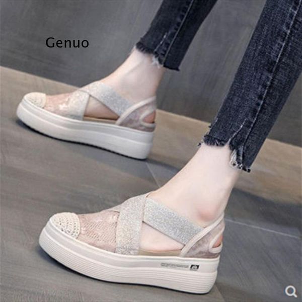 

sandals summer women 2021 casual cutouts lace canvas shoes hollow floral breathable platform flat, Black