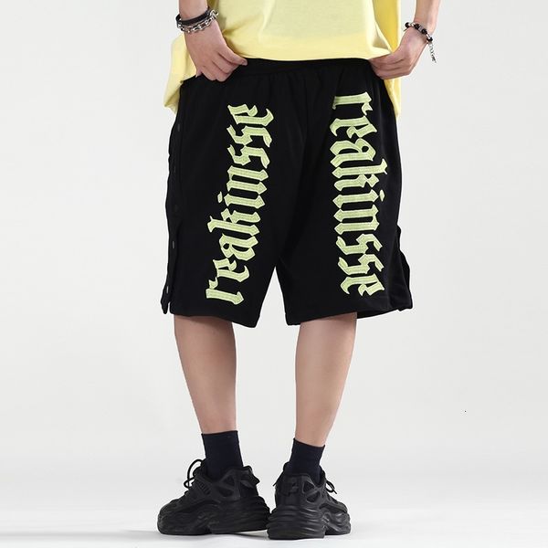 

men's shorts hip hop letter embroidery side button summer couple short oversize drawstring cotton five point pants loose casual me, White;black