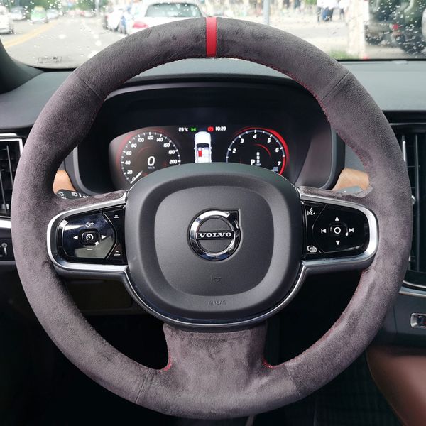 Adatto per Volvo S90 XC90 XC60 S60 V90cc Coprivolante in pelle cucito a mano con venature del legno di pesca modificate