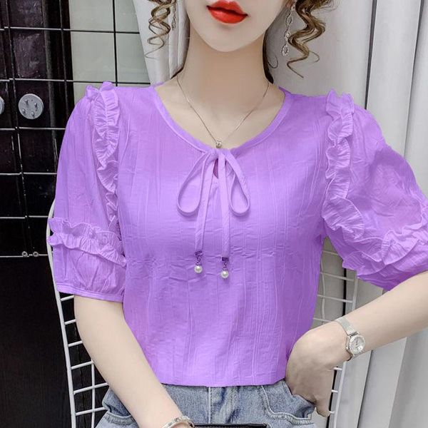 

women's blouses & shirts chiffon short-sleeved blouse 2021 korean summer dress with belted wild shirt loose and thin, White