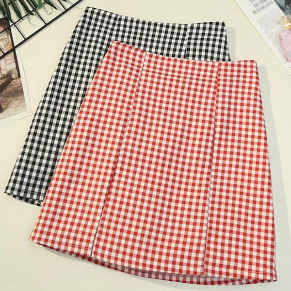 

high waist split short skirt plaid mini korean streetwear tartan a-line harajuku lattice skirts womens, Black