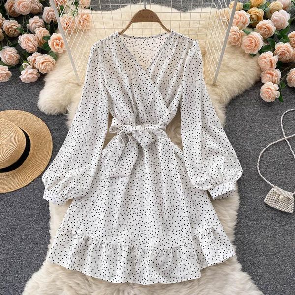 

casual dresses autumn long sleeve dress women 2022 fashion vintage elegant v neck ruffle hem wrap polka dot mini, Black;gray
