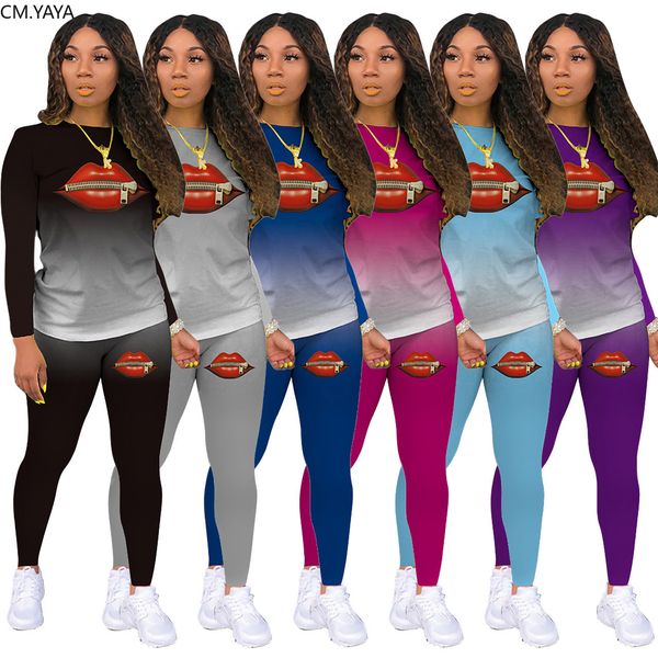 

gradient lips zipper women two piece set long sleeve t-shirt pencil sweatpants jogger suit trasuit matching set outfitby air, White