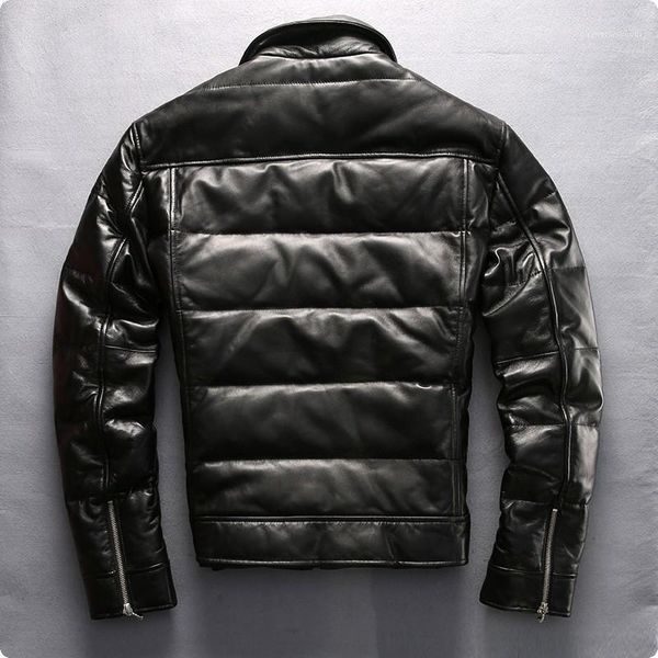 

men's leather & faux 2021 winter sheepskin genuine short jacket casual mens turn down collar duck coat chaqueta de cuero hombre, Black