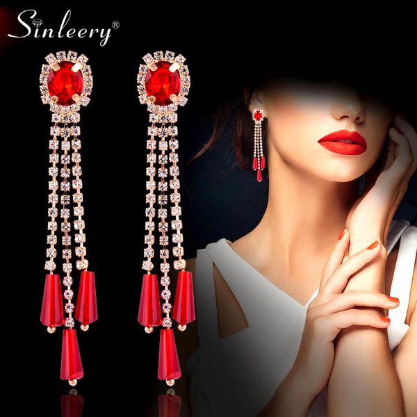 

long tassel statement earrings yellow gold color red cubic zirconia for women mother's day gift es891 ssb dangle & chandelier, Silver
