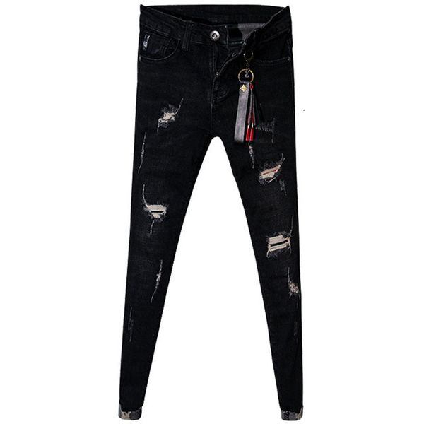 

men's jeans trendy men's summer black street pants slim feet ripped cat's whiskers social guy teenager pencil jeans rxg5, Blue