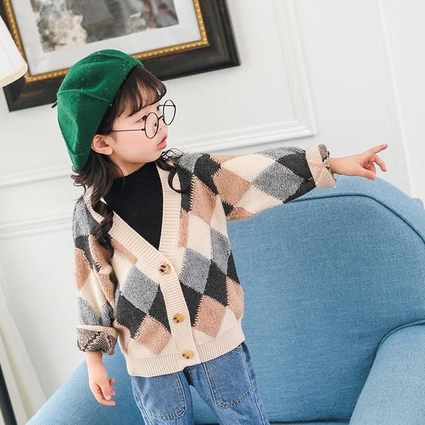 

baby girl knitted cardigan multicolor knitwear cute for girls rhombus v-neck sweater toddler autumn winter clothes pullover, Blue