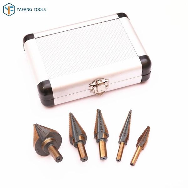

professional drill bits 5pcs/set hss titanium straight flute step bit pagoda shape hole cutter with aluminum case core