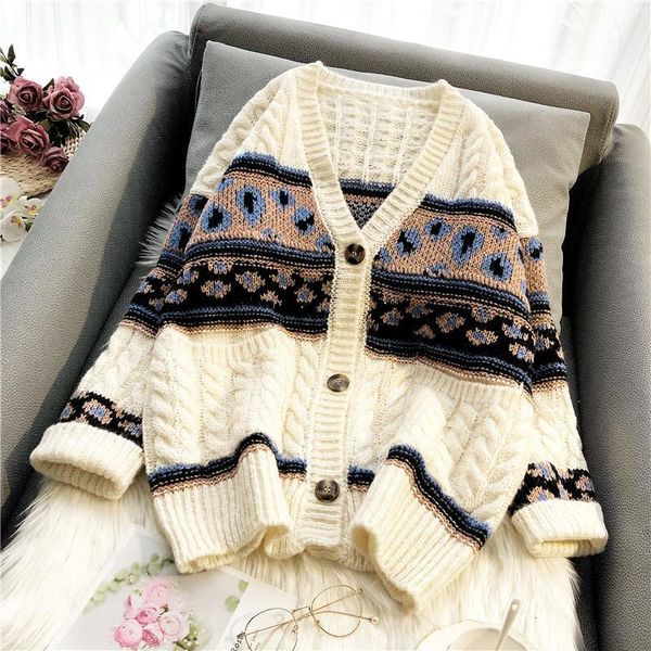 

women's sweaters korean-style loose sweater spring flax flower thick color knitting jacquard combination women's coat 4lir, White;black