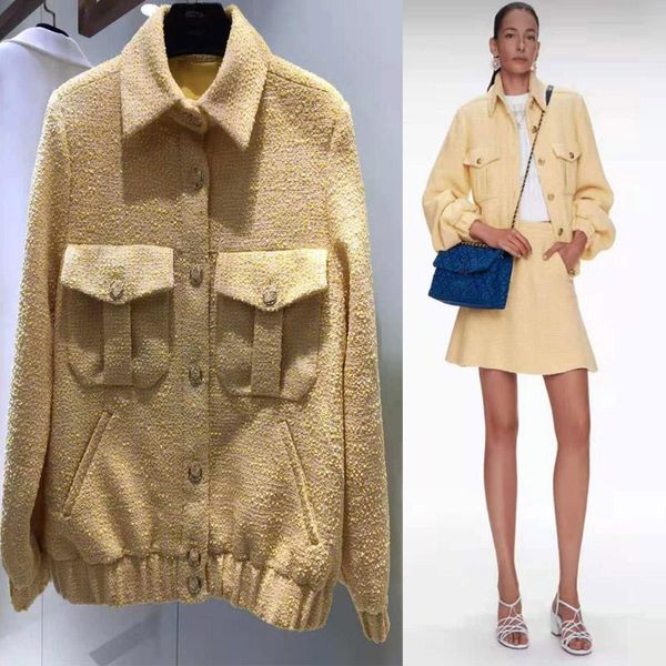 

women's jackets 2021 product all-match yellow tweed lapel jacket vintage high street fashion casual elegant ladies, Black;brown
