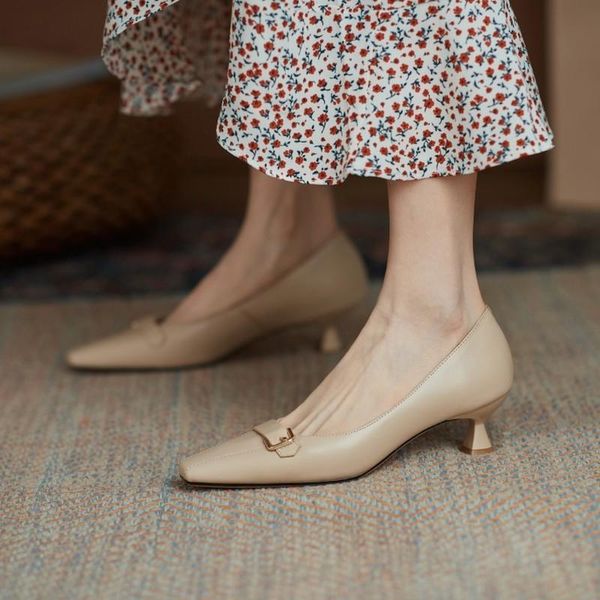 

dress shoes genuine leather women pumps fashion brand design buckle square toe slip on work med heel spring party wedding, Black