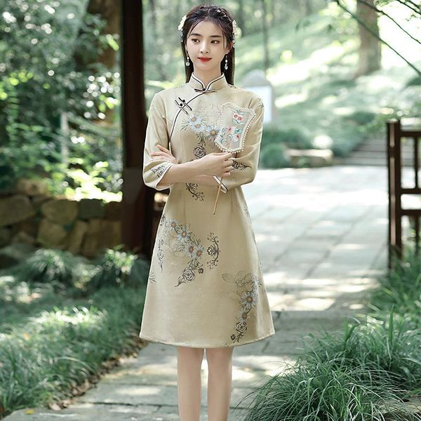 

ethnic clothing beige print a-line vintage qipao slim classic mandarin collar chinese dress women vestidos improved prom gown cheongsams, Red