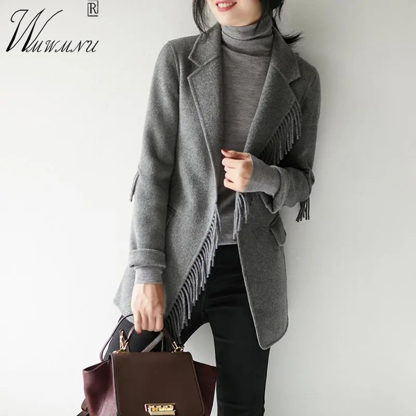 

women's wool & blends elegant fashion design tassel coats women korean ol slim waist suit fall cardigan formal office lady open stitch, Black
