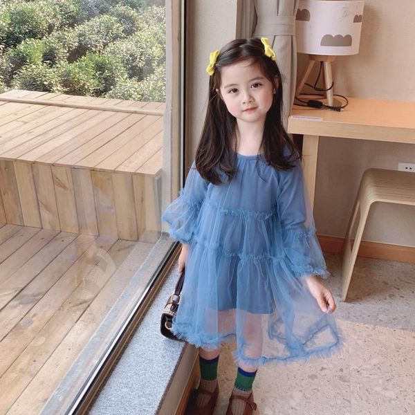 

girl's dresses 2021 spring and summer girl fairy pure color mesh knitting dress for children girls long sleeve cotton lace princess, Red;yellow