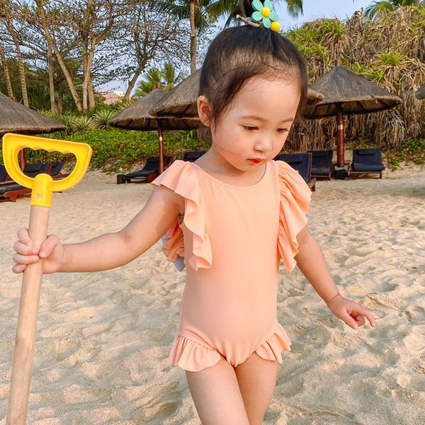 

1-7y kids baby girls swimsuits 2021 summer children ruffle one piece bikini swimwear solid backless beachwear bathing suit clothing sets, White