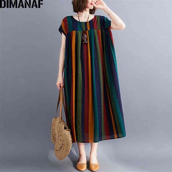 

summer plus size dress women clothing vintage cotton striped print elegant lady vestidos sundress maxi loose pleated 210531, Black;gray